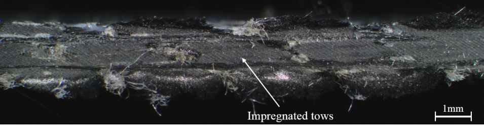 Figure 1: Micrographs of sample. Excellent fibre wet out is visible in the central plies without resin pooling.